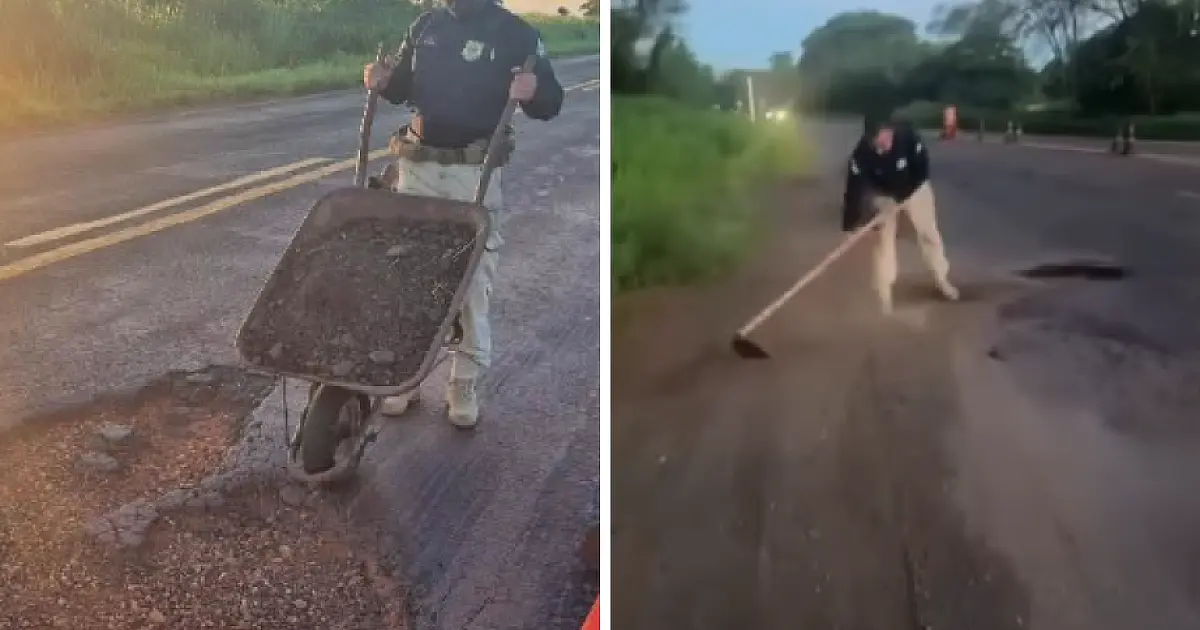 Agentes da PRF tapam buracos com cascalhos na BR-376 para evitar acidentes